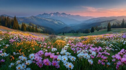 Fototapeta premium Serene Sunrise in a Mountain Wildflower Meadow