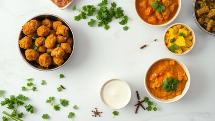 A vibrant spread of indian cuisine featuring curries and appetizers