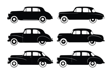 Classic Automobile Silhouette Collection: A sleek ensemble of classic automobiles rendered in monochrome, showcasing the elegance and design of vintage cars.
