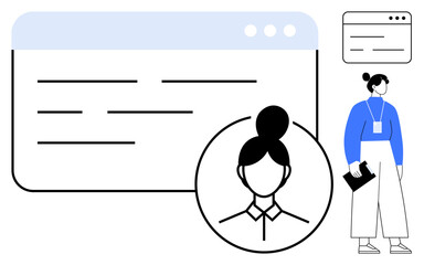 Profile avatar close-up, browser window, and person holding a notebook. Ideal for profiles, networking, technology, identity, business social media education. Clean and simple flat metaphor