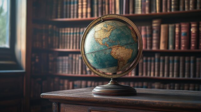 Antique globe sits on a wooden desk in a library.