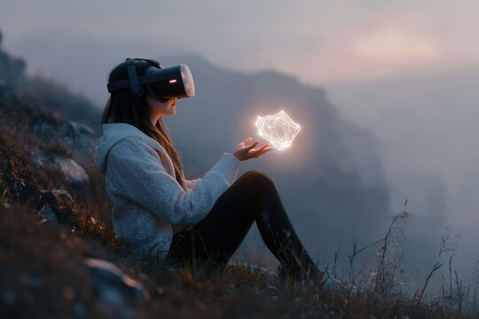 Woman wearing VR headset interacts with a glowing 3D object in a serene mountain landscape at sunset.