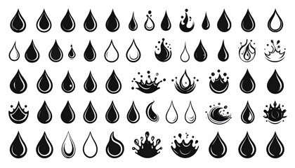 A collection of various water droplet designs, including solid black, outlined, and splash effects, arranged in a grid pattern.