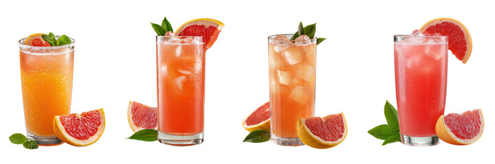 Set of Refreshing grapefruit juice drinks with mint garnish presented on a transparent background