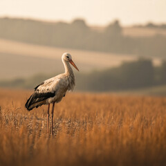 Solitary white stork standing in a dry grassy field