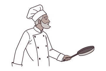 Naklejka premium Culinary Artist at Work: An illustration capturing a chef, poised with a frying pan.