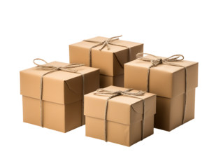 Set of kraft gift boxes tied with jute string isolated on transparent background