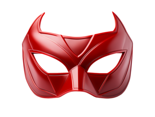 Shiny red superhero mask with angular design isolated on transparent background