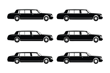 Limousine Silhouettes: A collection of six sleek limousine silhouettes, perfect for design projects needing a touch of luxury and elegance.