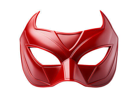 Shiny red superhero mask with angular design isolated on transparent background