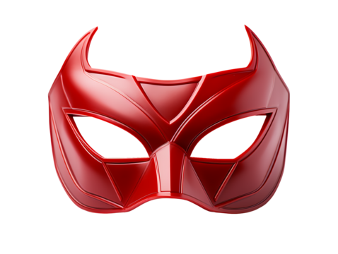 Shiny red superhero mask with angular design isolated on transparent background