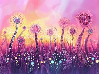 Abstract flowers in a field with a pink and purple sky background.