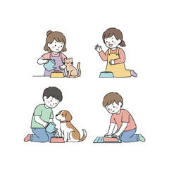 Simple Line Art Child Pet Feeding Illustration Set Graphic Element