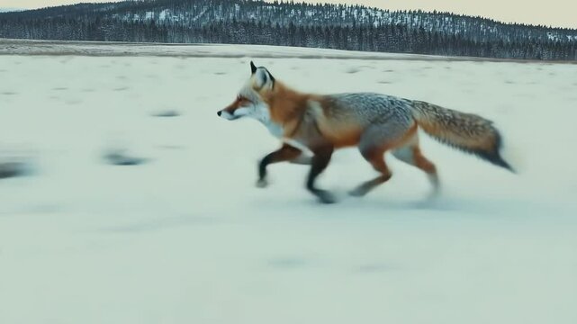 Red fox walks cautiously across snowy ground near a frozen lake, surrounded by icy stillness and winter beauty.
