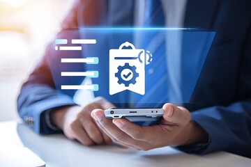 A person in a suit holds a smartphone displaying a digital interface with a checklist icon gear symbol and progress bars representing business management and digital solutions