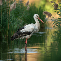White stork standing in shallow water with reeds bird 1