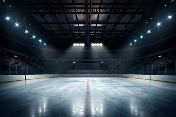 Empty hockey rink with ice surface and overhead lighting in a large indoor arena setting