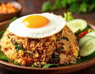 Authentic Indonesian Nasi Goreng with Fried Egg & Fresh Garnishes