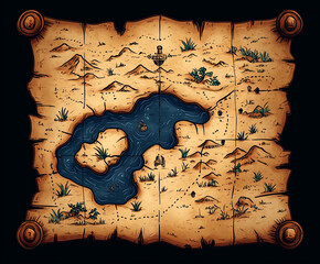Old pirate treasure map for computer or mobile video game, motion design or packaging design. Hand draw sketch illustration isolated on black background