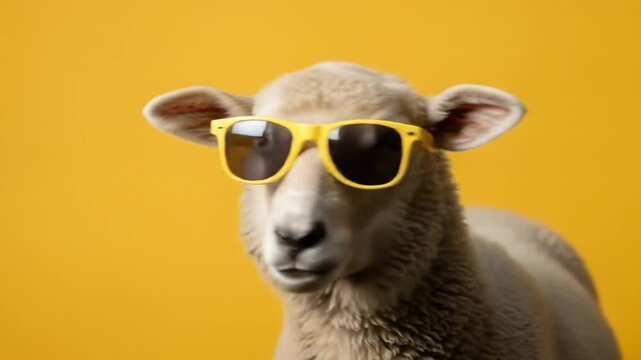 Stylish sheep wearing cool sunglasses on a vibrant yellow studio background looking awesome