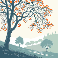 Obraz premium Illustration of a large tree with orange fruits overlooking a landscape with rolling hills and trees
