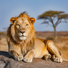 Majestic Male Lion Resting on Rock in African Savannah