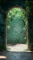 Obraz premium Arched Stone Portal with Vines Leading to Emerald Green Wall