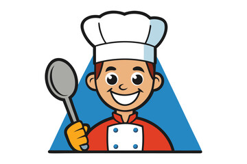 Smiling Chef Cartoon: A cheerful cartoon chef, beaming with delight, holds a large spoon, ready to create culinary magic. His chef's hat and red jacket add to his charm.
