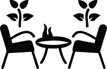 Fototapeta premium Two Black Chairs Facing Each Other Around a Small Round Table with Flames and Plants vector