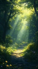 Fototapeta premium Walking on Forest Path with Sunbeams Shining Through the Trees