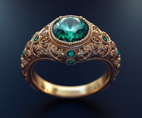 Ornate ring with a large green gemstone, a symbol of wealth and power for computer or mobile video game, motion design or packaging design. Realistic style illustration isolated on black background