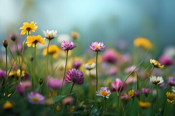 Obraz premium Delicate pink and white wildflowers blooming in a vibrant spring meadow with soft pastel tones, sunlight, and a dreamy, bokeh-style background, evoking a peaceful and romantic atmosphere.