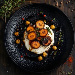Charred roasted carrots and spiced chickpeas, a swirl of cream cheese on a black, textured plate. The balsamic vinaigrette drips. caramelized carrots and creamy cheese. The dark wooden backdrop.