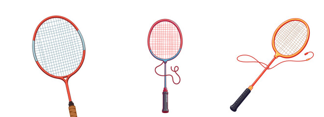 Set of Broken badminton racket string concept of sport, made in bright clean pastel colors, with smooth, clear, ultra-thin black outline  