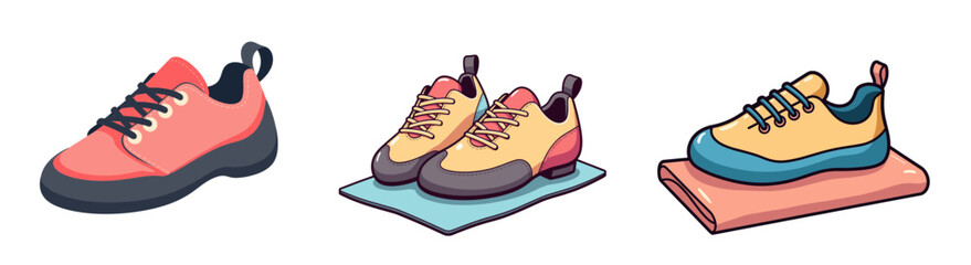 Set of Climbing shoes on mat in bright clean pastel colors with smooth outline  
