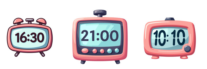 Set of Analog clocks displaying different times in playful pastel colors  