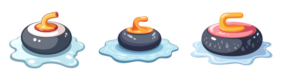 Set of Curling stones on ice sheet in bright pastel colors with smooth outline  