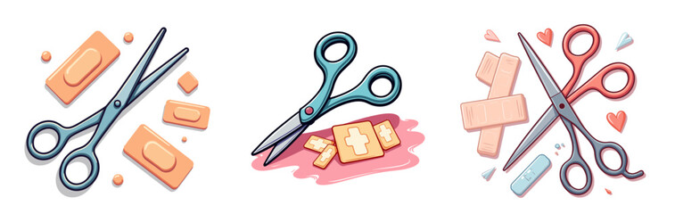 Set of Medical scissors and bandages on table in bright clean pastel colors  