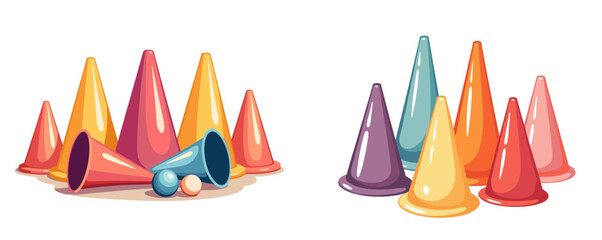 Sports cones in formation, made in bright clean pastel colors, with smooth, clear, ultra-thin black outline  