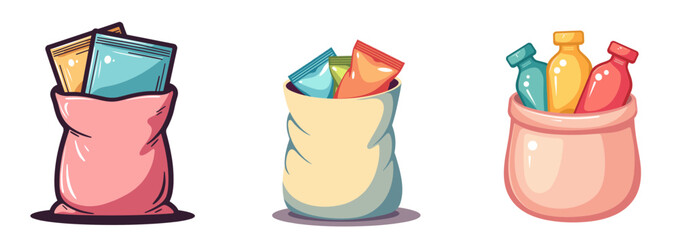 Set of Colorful bags filled with protein sachets and bottles in pastel colors  