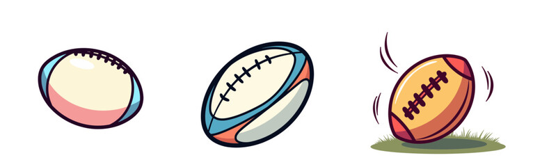 Set of Rugby ball illustrations in bright pastel colors with black outline  