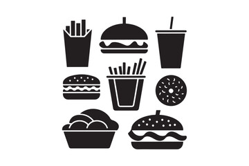 Collection of black silhouette icons representing fast food items