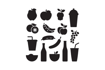 Collection of black silhouette icons representing fruits and beverages