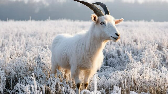A white goat stands on a frosty field during winter, showcasing resilience and rustic farm charm.
