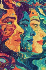 Colorful abstract faces in a row artistic representation with swirling patterns.