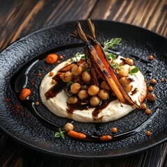 Charred roasted carrots and spiced chickpeas, a swirl of cream cheese on a black, textured plate. The balsamic vinaigrette drips. caramelized carrots and creamy cheese. The dark wooden backdrop.