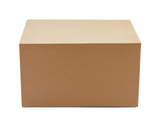 A cardboard box is sitting on a white background. The box is empty and has a rectangular shape