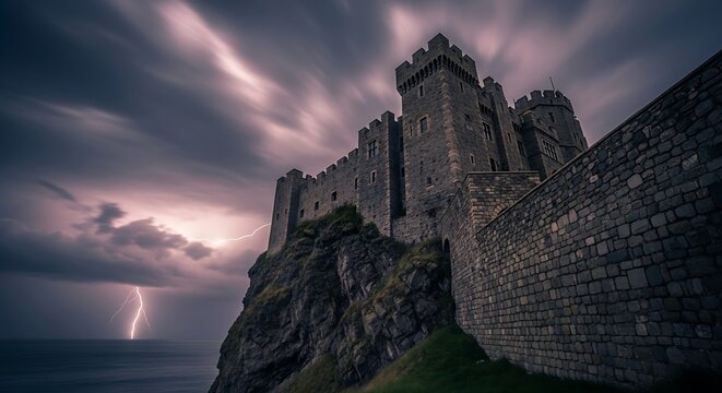 Dramatic castle perched on a cliff during a powerful thunderstorm with lightning striking the sea below