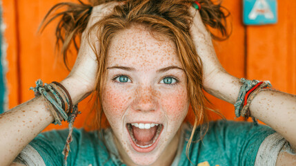 Young woman with red hair expressing excitement against a vibrant orange background