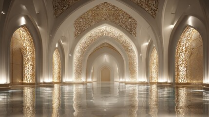 Ornate arched hall with white walls, golden filigree arches, and reflective marble floor